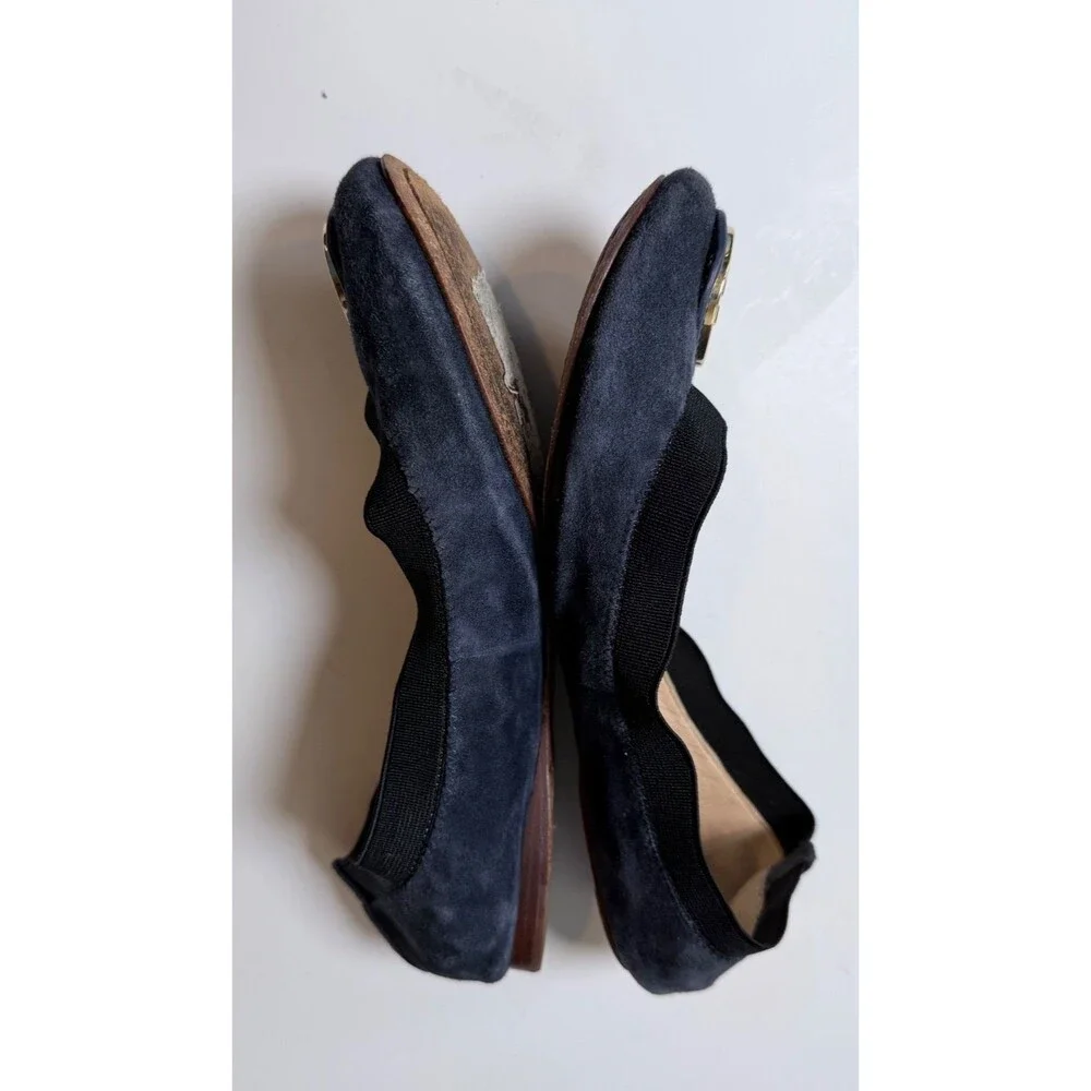 Tory Burch Caroline Ballet Flats Navy Blue Suede Gold Logo Leather Size 5.5